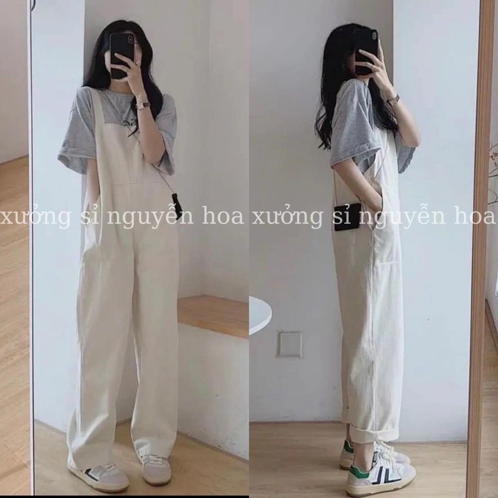 sét quần yếm be kaki form rộng ống xuông kèm áo thun tay lỡ xám kiểu dáng unisex nam nữ mặc được phong cách hàn quốc