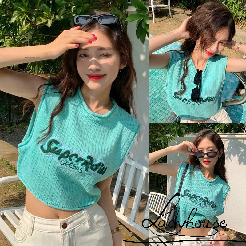 Áo Croptop Sát Nách Cổ Tròn In Chữ Thời Trang Mùa Hè Cho Nữ