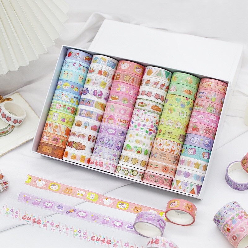 Hộp 60 cuộn washi tape dán trang trí sổ tay nhật ký nhiều mẫu xinh xắn.