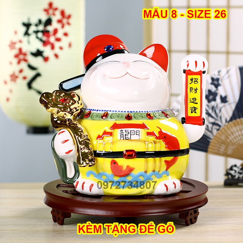 MÈO THẦN TÀI VẪY TAY MŨ QUAN VÀNG GỐM SỨ CAO CẤP ( Kèm Đế Gỗ ) SIZE 27cm