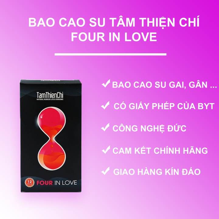 Bao Cao Su Tâm Thiện Chí Four In Love 4 Trong 1, Siêu Mỏng, Nhiều Bi Chấm, Gân Chìm Và Vòng Thắt, Nhiều Gel