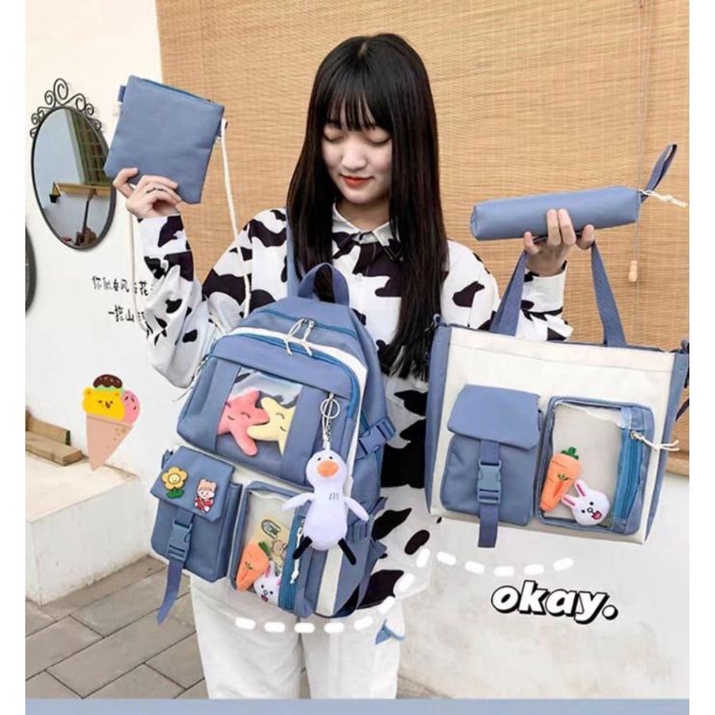 Balo 4 Món nữ thời trang Ulzzang học sinh sinh viên laptop giá rẻ cấp 1 2 3 - Set balo 4 món YiHo trong suốt