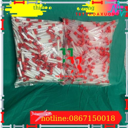 túi 100 Ống nghiệm nhựa dẻo PP màu trắng có nắp đỏ không nhãn , có nhãn 5ml