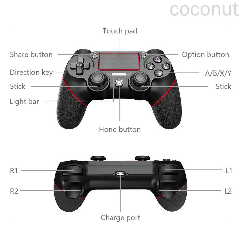 Wireless Gamepad Dual Shock Game Controller Bluetooth Rechargeable Gamepad Replacement for PS4, Black Red coconut