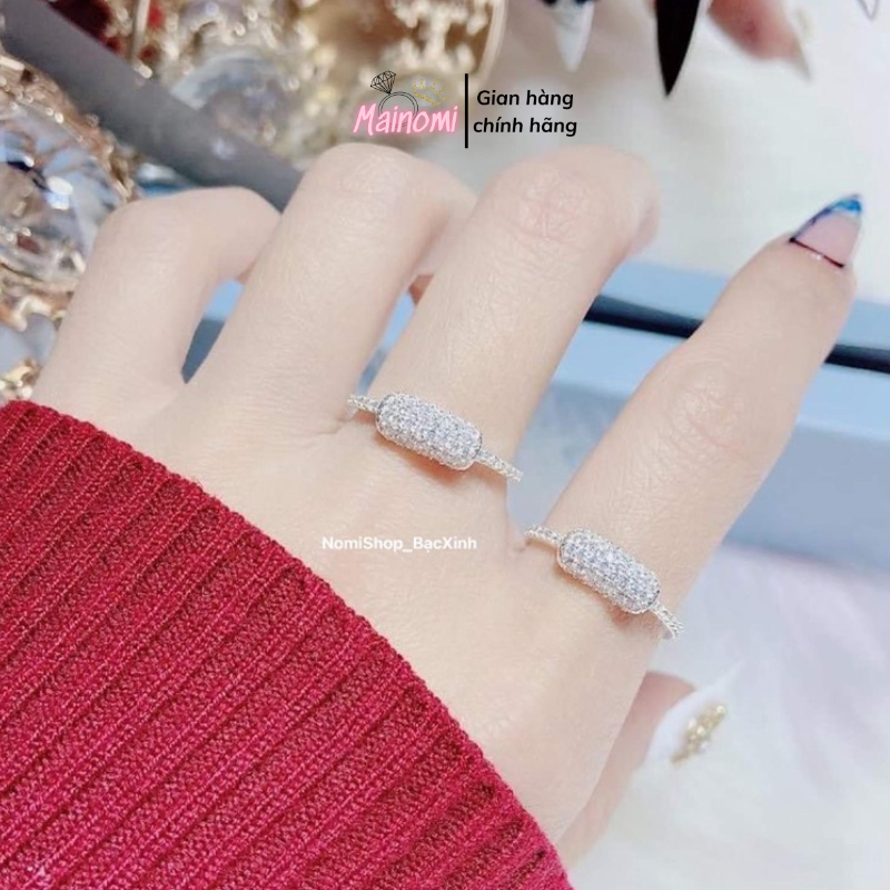Nhẫn bạc xinh thiết kế độc đáo, Hình chữ nhật đính đá li ti lấp lánh mới lạ bắt mắt Mainomi Shop Bạc Xinh