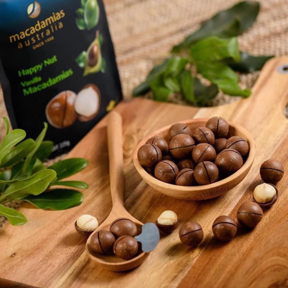 Hạt mắc ca nguyên vỏ vị vani Happy Nut Vanilla Macadamias 225g (hàng Úc chuẩn)