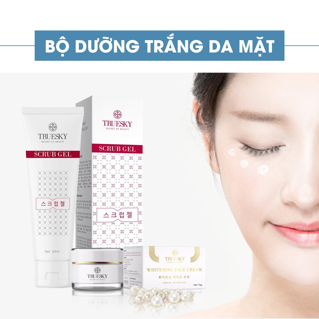 Bộ sản phẩm dưỡng trắng da mặt Truesky gồm 1 kem dưỡng trắng da mặt 15g + 1 gel tẩy tế bào chết da mặt 60ml