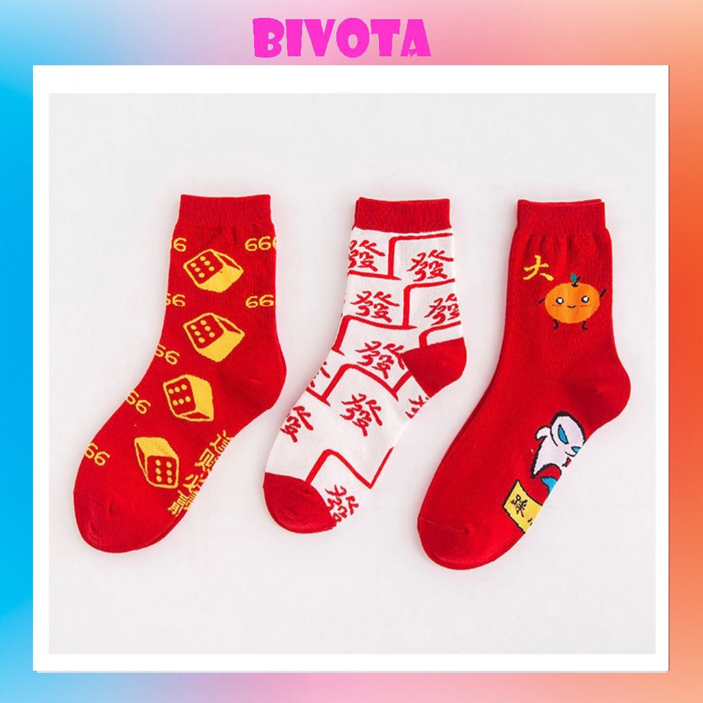 Set 3 đôi vớ nữ Bivota tất cổ cao họa tiết năm mới xúc xắc đỏ may mắn T112