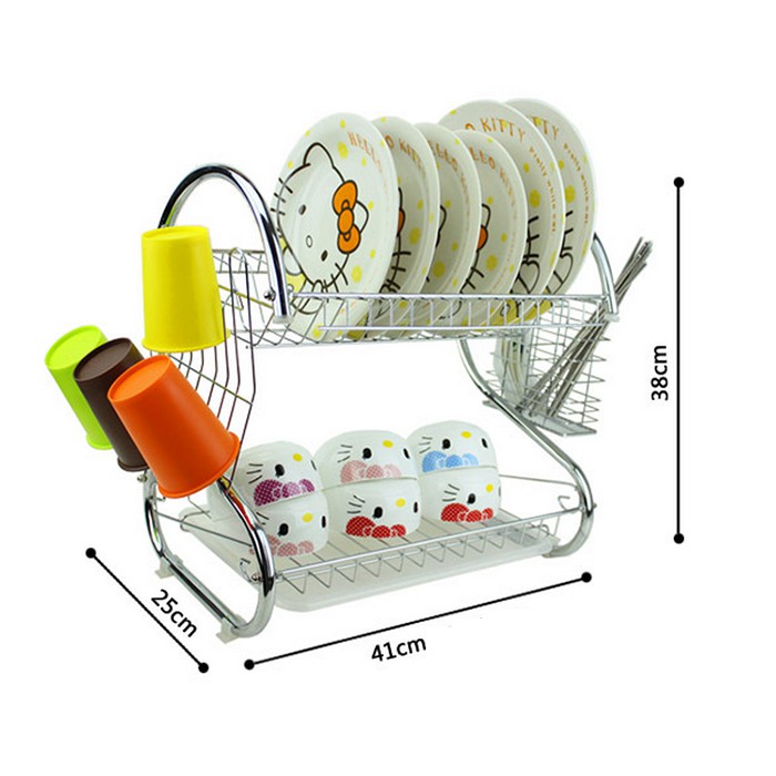 Kệ để bát đĩa 2 tầng bằng inox | Giá úp chén đĩa có ống cắm đũa tiện dụng