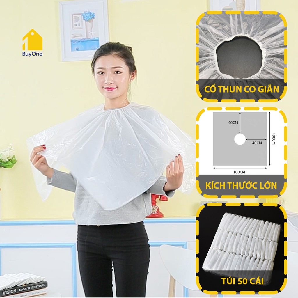 Áo choàng cắt tóc, nhuộm tóc, vào hóa chất làm tóc dùng 1 lần bằng nylon - Túi 50 cái - buyone - BOPK157