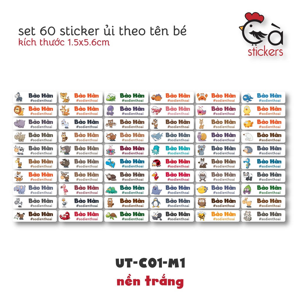 Sticker ủi áo in tên trẻ em GaStickers UT-C01 bộ 60 miếng kích thước 1,5 x 5,6 cm