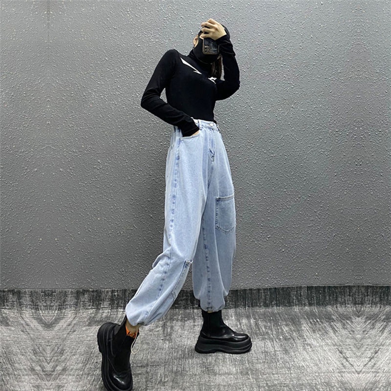 Quần jeans có túi cạp cao phong cách hip hop mới cho nữ