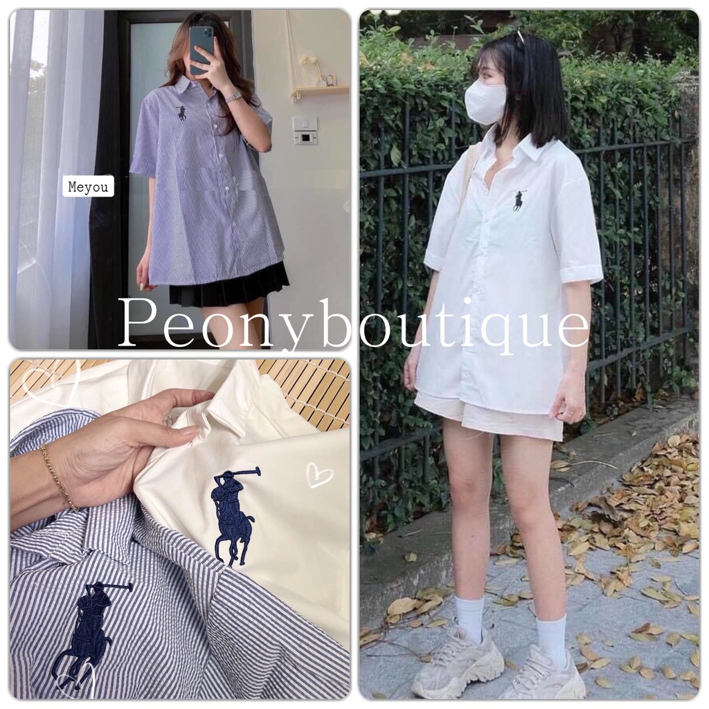 Áo Sơ Mi Kẻ Golf Tay Lỡ PEONYB Nữ [FREESHIP] 🌸 Thun polo form rộng thêu hình sọc màu XANH | TRẮNG cá tính Ulzzang 🌸