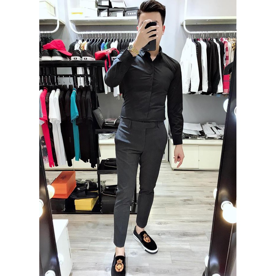 Áo Sơ Mi Nam Dài Tay Đen Trơn Chất Lụa Mịn Dáng Vừa Thoáng Mát Thông Hơi