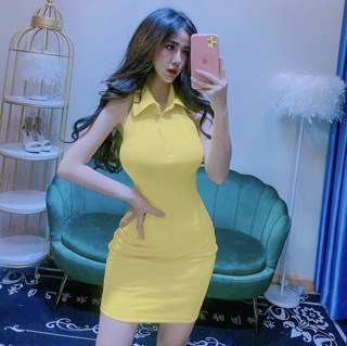 Đầm body cổ yếm sơmi hở lưng