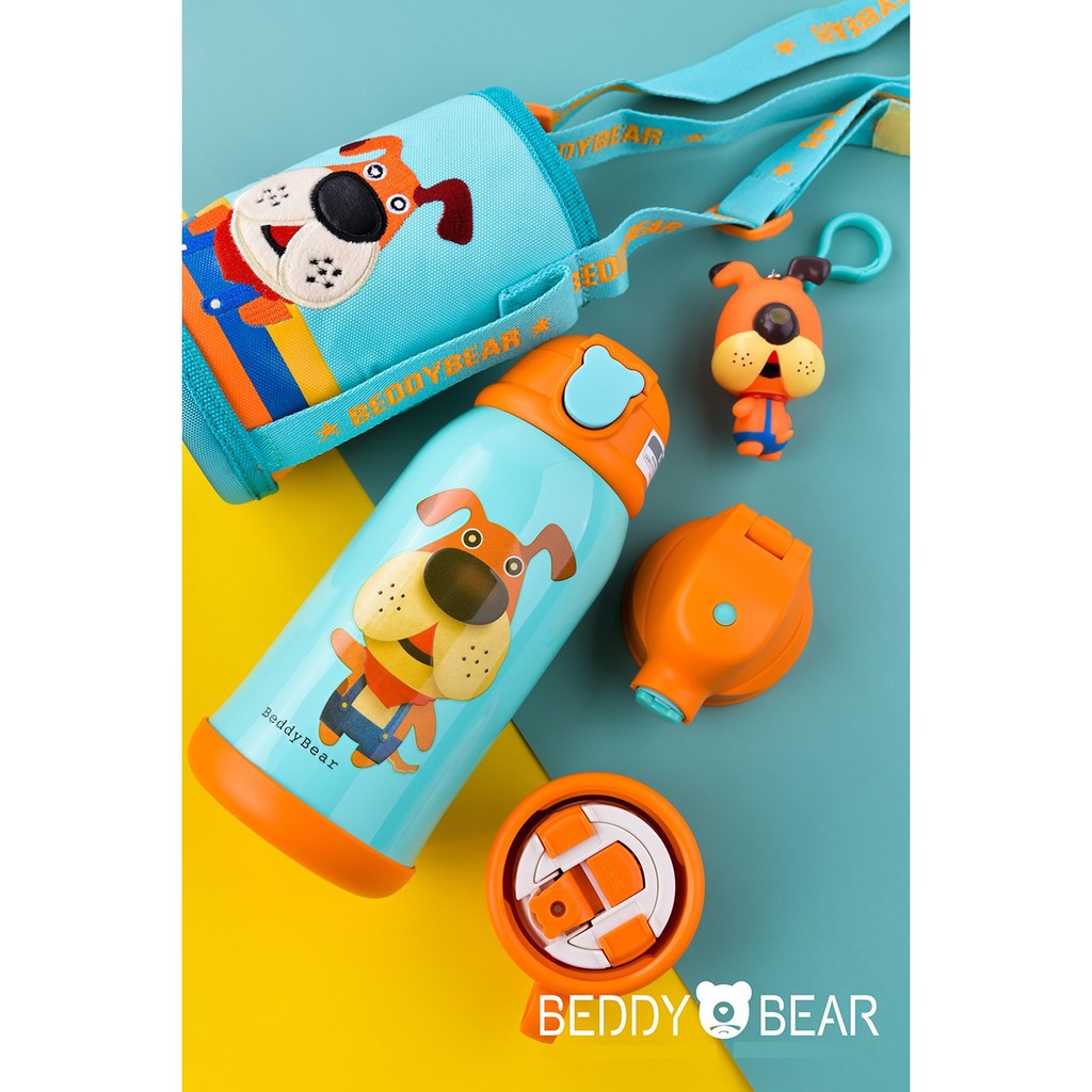 Bình giữ nhiệt Beddy Bear cho bé, Bình nước giữ nhiệt hình Con Cún đáng yêu dung tích 630ml với 3 nắp thay đổi