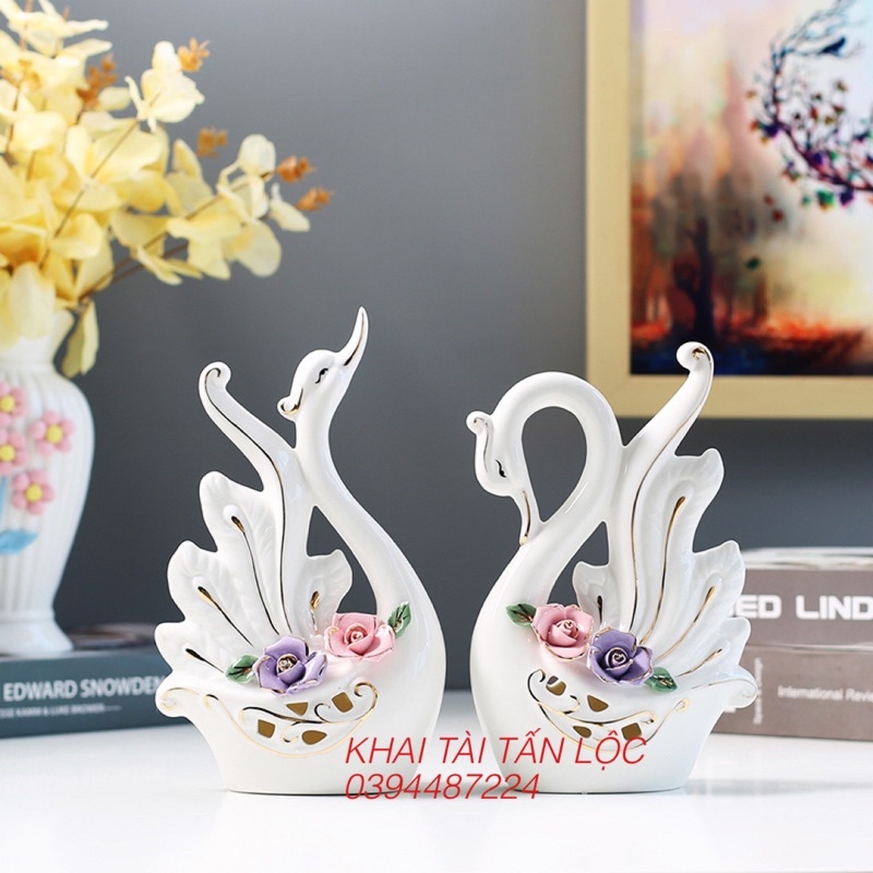 Cặp thiên nga gốm sứ trắng trí phong thủy