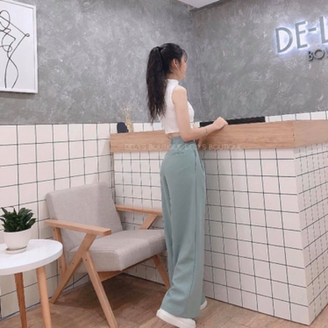 Quần ống rộng nữ lưng cao Delys quần suông nữ cạp cao màu xanh ngọc | BigBuy360 - bigbuy360.vn