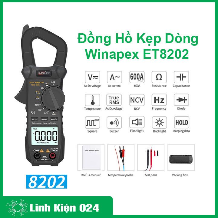 Đồng hồ kẹp dòng Winapex ET8202, kìm kẹp dòng kỹ thuật số màn hình LCD đo điện vạn năng