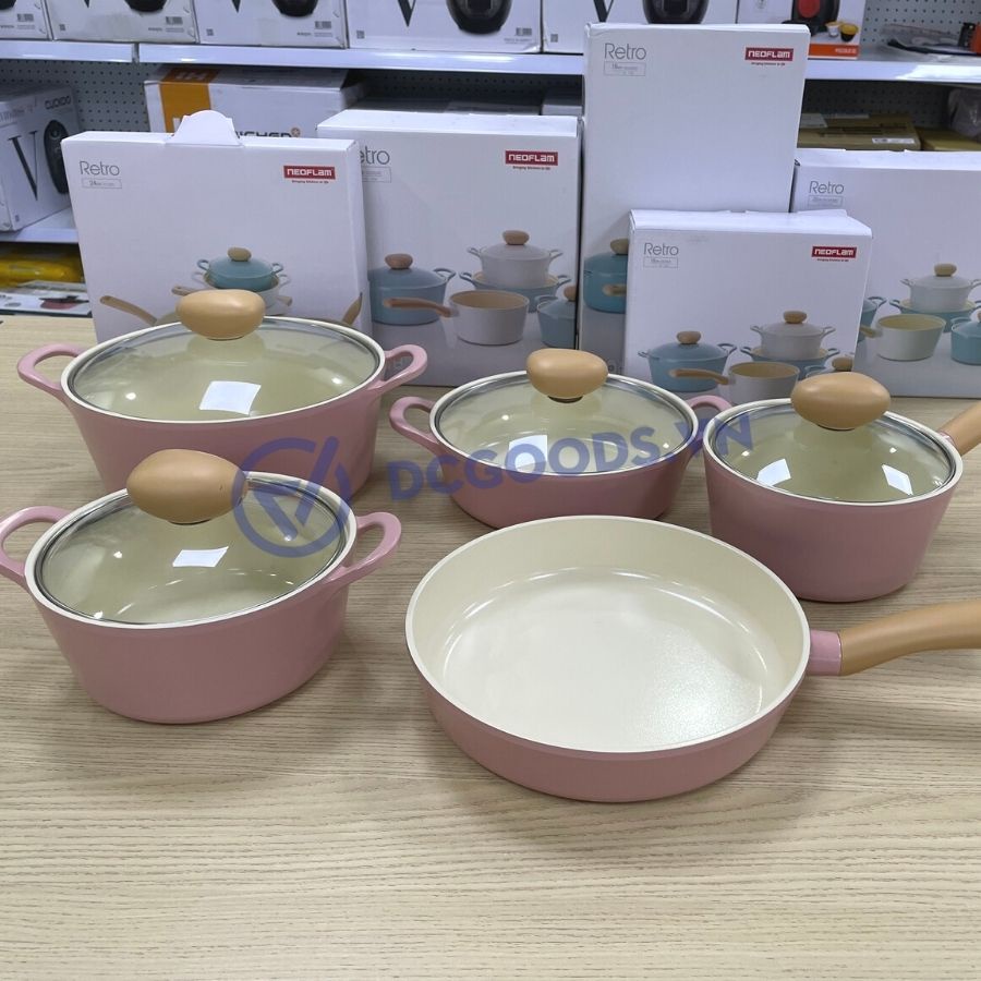 Bộ 5 nồi chảo màu hồng Retro Baby Pink Neoflam Fika