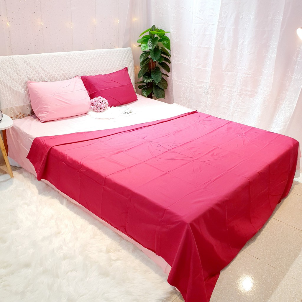 Bộ drap chăn ga Cotton poly Đỏ phối hồng ABUBU phong cách Hàn Quốc đủ size 1m2 - 2m2