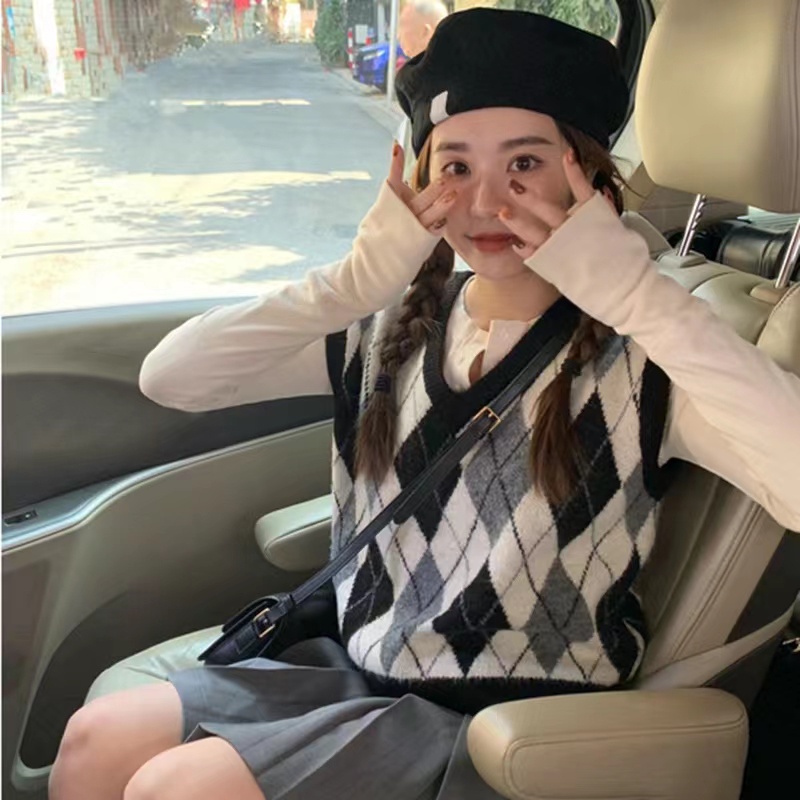 【ZHELIHANGFEI】Áo Len Không Tay Form Rộng Họa Tiết Kim Cương Theo Phong Cách Preppy Dễ Phối Đồ