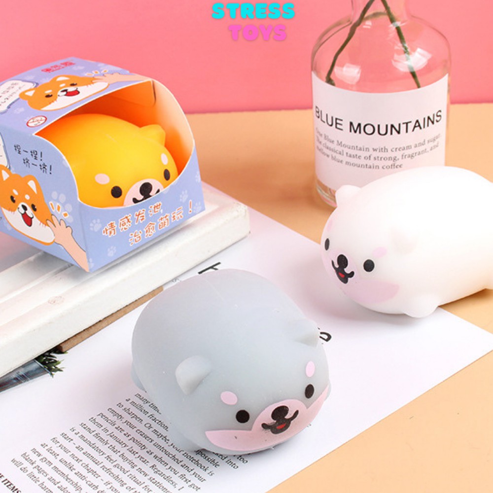 Squishy chó shiba đồ chơi xã stress mochi silicon màu vàng trắng xanh