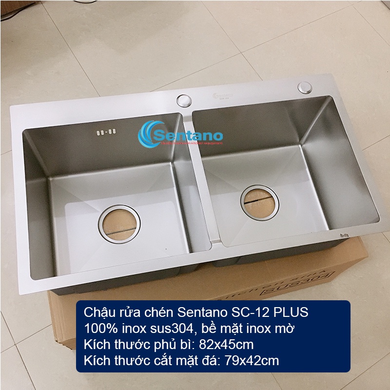 [DÒNG PLUS LOẠI 1] Chậu rửa chén đúc liền 2 HỘC CÂN Sentano Plus SC-12 8245TC 2 hố 100% inox 304