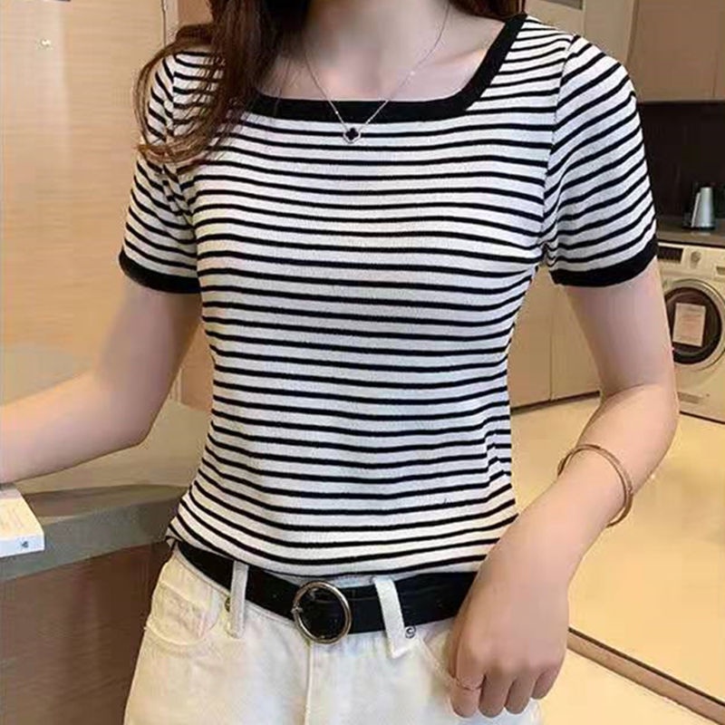 Áo Thun cotton Ngắn Tay Họa Tiết Kẻ Sọc Hàn Quốc Áo phông Nữ NZ-TX-386