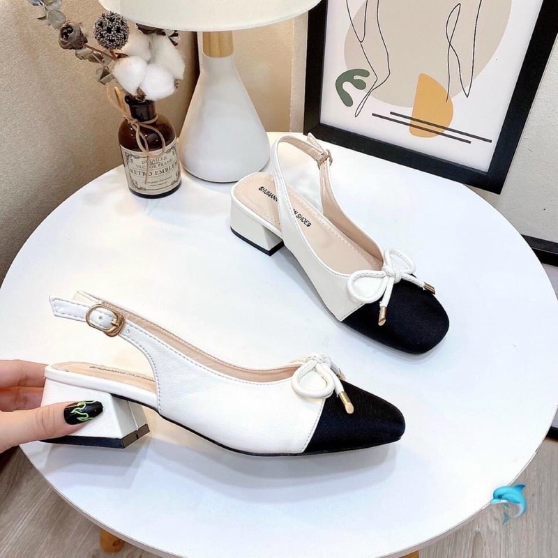 giày guốc nữ tiểu thư dáng bít mũi phối nơ chuông gót 3p điệu đà