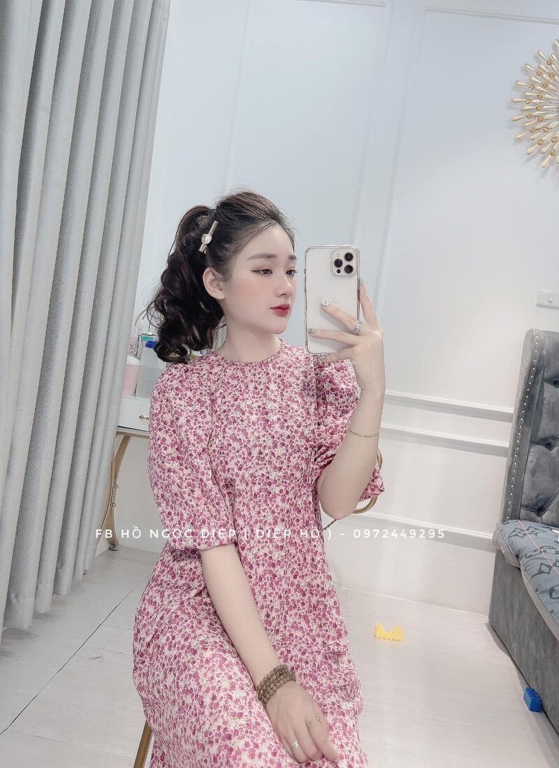 váy hoa nhí vintage dáng dài cổ tròn kiểu dáng hàn quốc | BigBuy360 - bigbuy360.vn