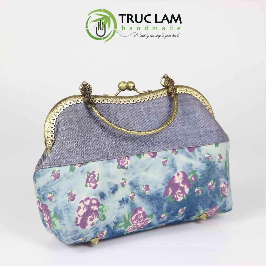 Túi Xách Tay Đeo Chéo Thời Trang Nữ Vải Denim Khóa Nẹp Đồng Họa Tiết Hoa - Trúc Lâm Handmade
