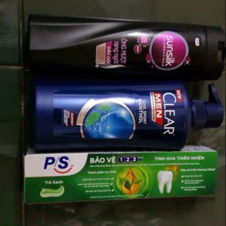 Combo dầu gội clear men, kem đánh răng ps 123, gội sunsilk