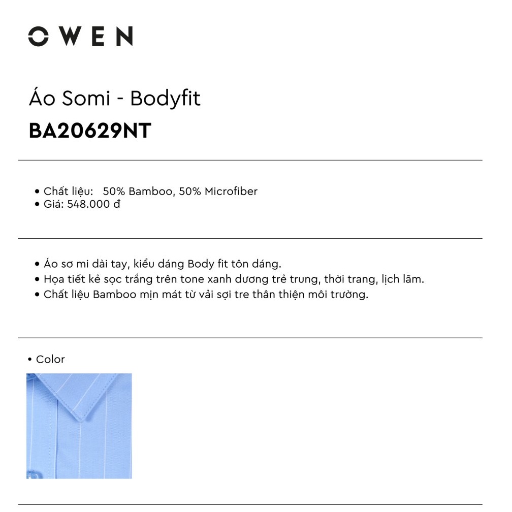 Áo Sơ Mi Nam Ngắn Tay Owen BA20629NT Somi Cộc Tay Công Sở Cao Cấp Màu Xanh Kẻ Sọc Trắng Sợi Tre Dáng Body Fit Tà Bằng | BigBuy360 - bigbuy360.vn