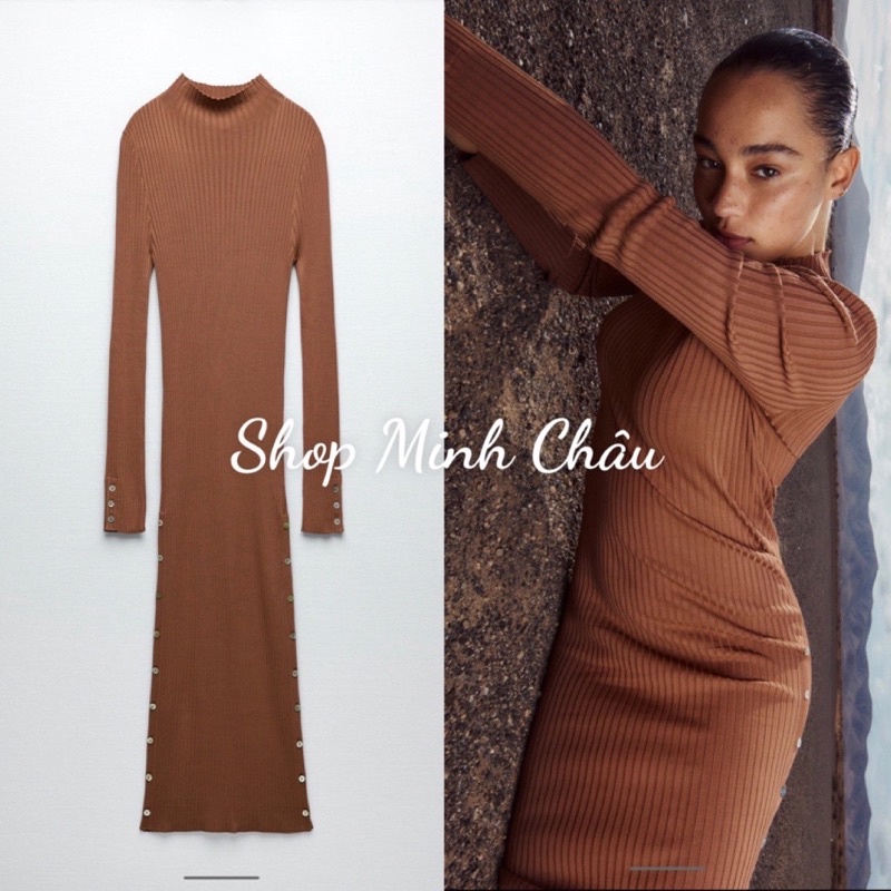 (Sẵn) Váy midi len tăm cổ trụ phối cúc Zarrraa canh sale