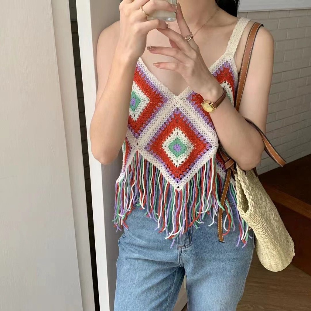 Áo Hai Dây Phối Ren Tua Rua Phong Cách Bohemian Thời Trang Cho Nữ