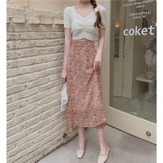 Set áo croptop nhún ngực váy voan hoa siêu xinh (có hình thật)