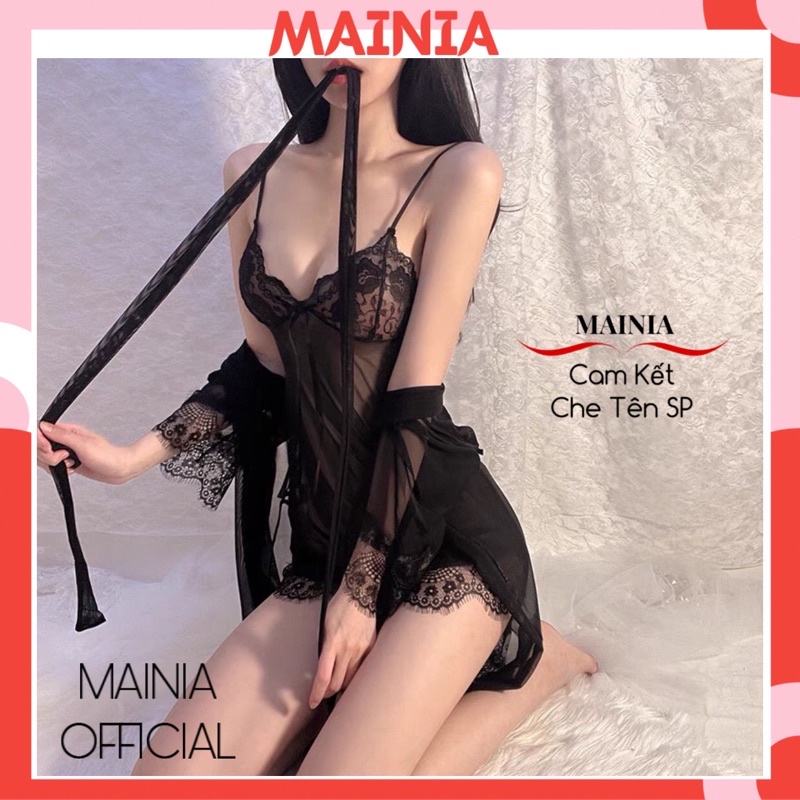 [Size L, XL] Set Đầm Ngủ Ren Voan Kèm Áo Choàng + Chíp Lọt Khe Váy Ngủ Gợi Cảm Sexy Quyến Rũ Mainia Shop