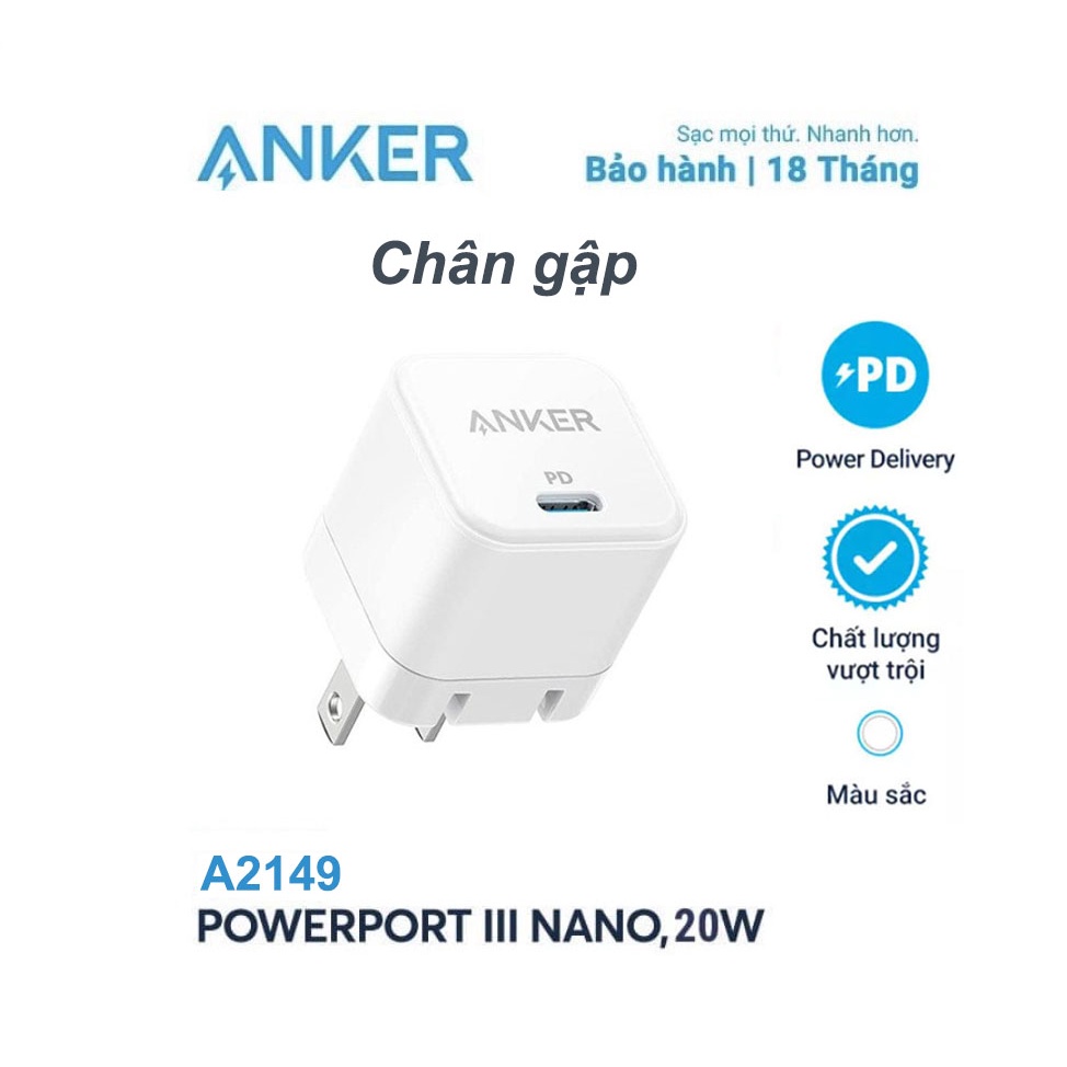 Củ Sạc Nhanh 20W Anker A2633 A2149 Chân gập,Cáp Sạc A8632 0.9m USB-C to Lightning,Bảo Hành 18T