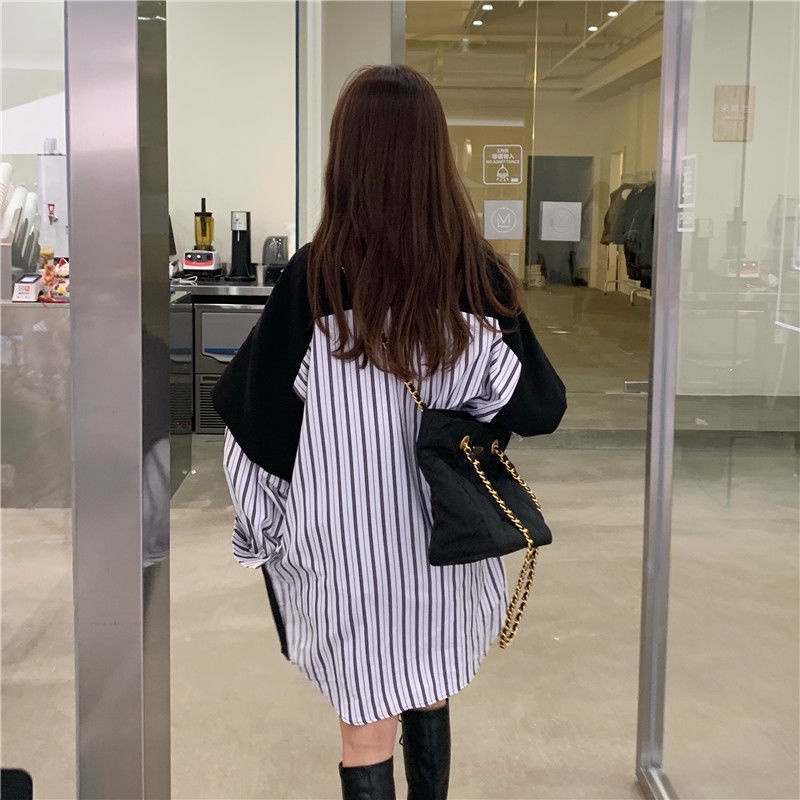 Áo Sơ Mi Tay Dài Dáng Rộng Giả Hai Lớp Họa Tiết Kẻ Sọc Phong Cách Hàn Quốc Thời Trang 2022 Cho Nữ