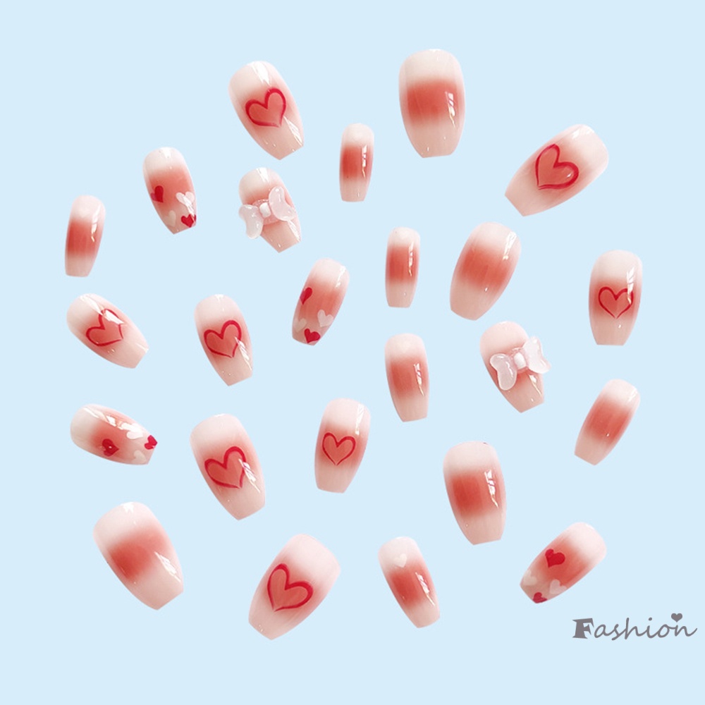Bộ 24 Móng Tay Giả Hình Nơ Đỏ Trắng Trái Tim Có Thể Tháo Rời Ốp
