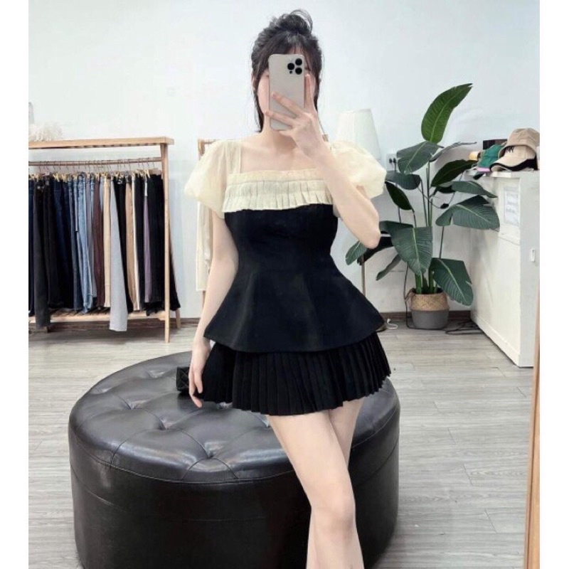 SET ÁO PHỐI TƠ TAY BỒNG XẾP LY PEPLUM KÈM CHÂN VÁY XOÈ XẾP LY