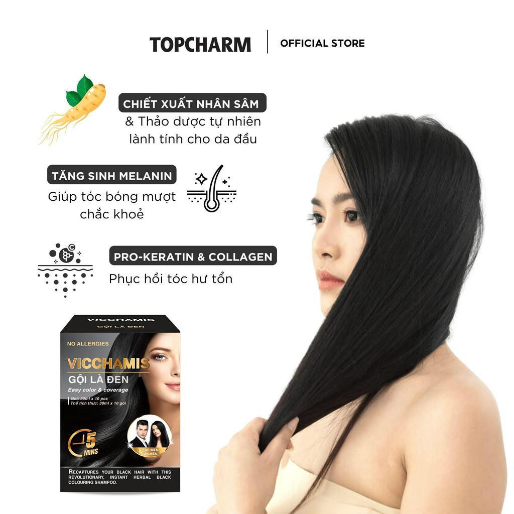 Dầu gội phủ bạc VICCHAMIS gói 30ml, đen óng tự nhiên, dầu gội nhân sâm GỘI LÀ ĐEN mềm mượt tóc