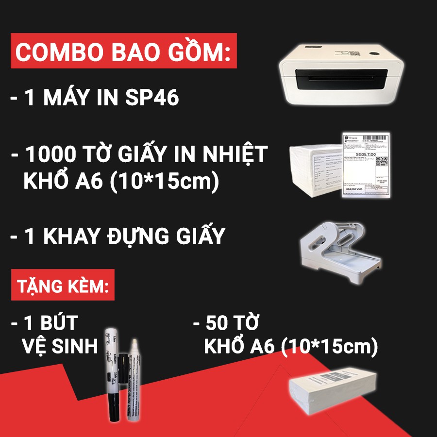 Máy in nhiệt Shoptida SP46 kèm 1000 giấy in nhiệt 10*15cm + khay, combo máy in nhiệt tự dán bảo hành 12 tháng