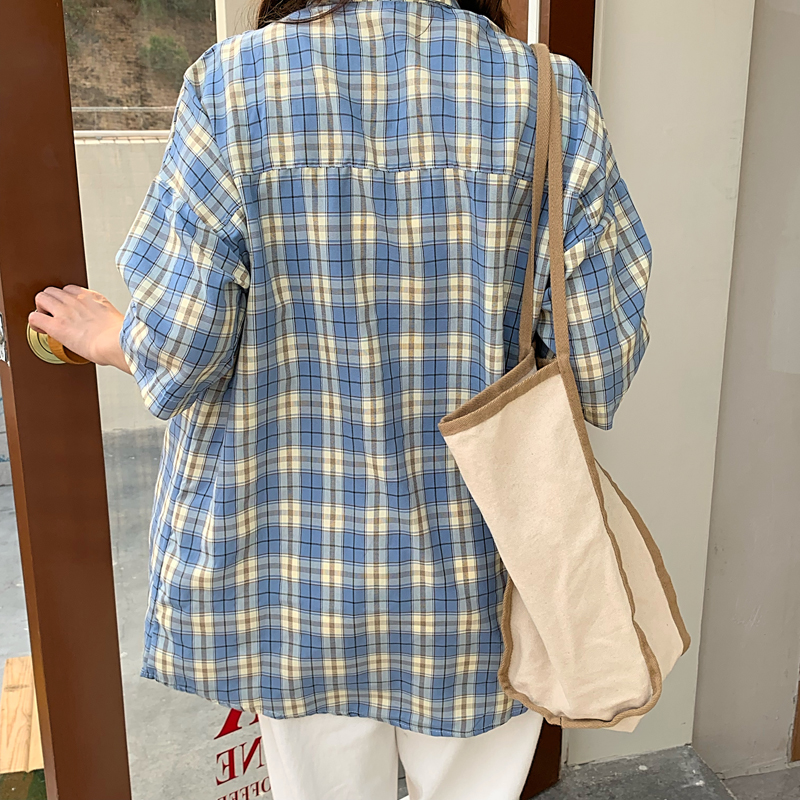 SUXI Áo sơ mi tay ngắn họa tiết caro phong cách Hàn Quốc cá tính cho nữ