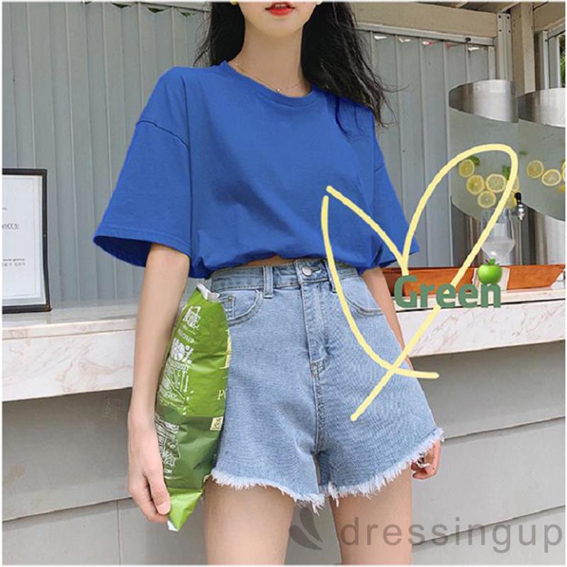 Áo Thun Tay Ngắn Cổ Tròn Màu Trơn Thiết Kế Đơn Giản Dành Cho Nữ