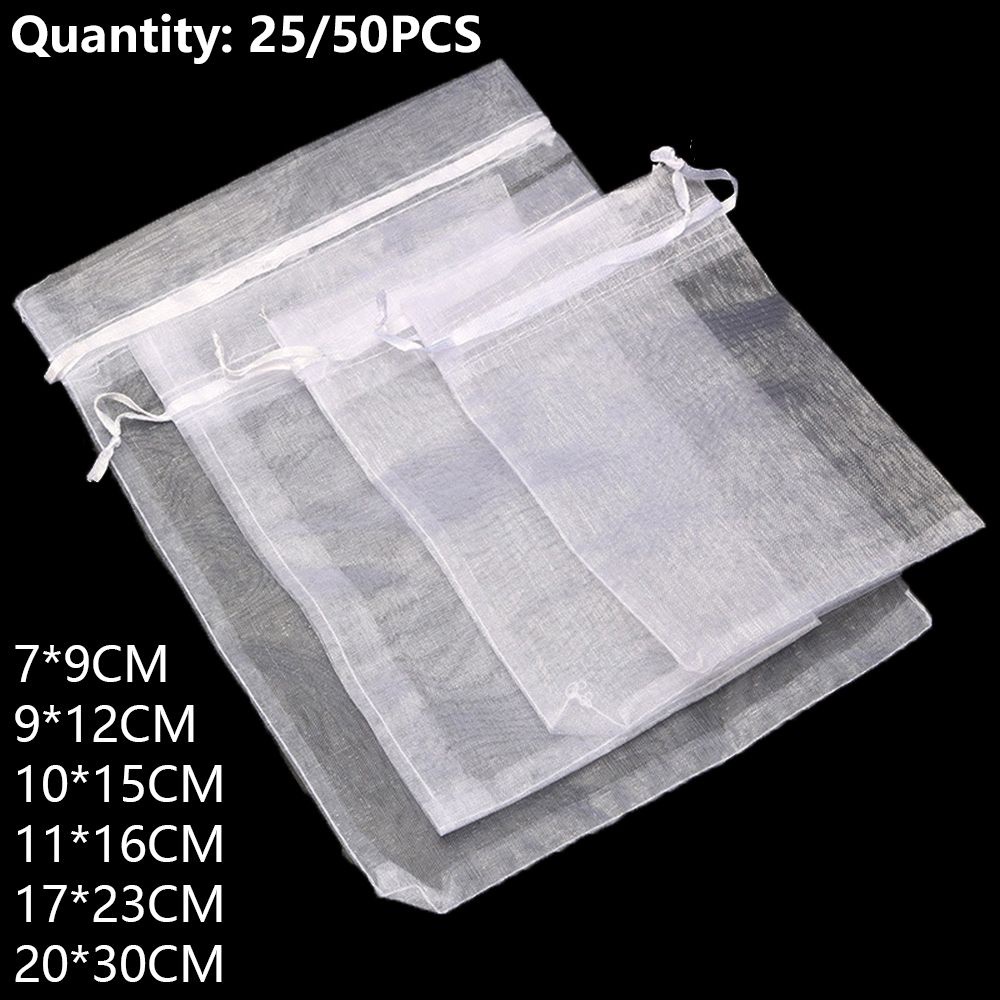 Set 25/50 Túi Lưới Màu Trắng Có Dây Rút Đựng Quà Tặng/Trang Sức Đa Ứng Dụng