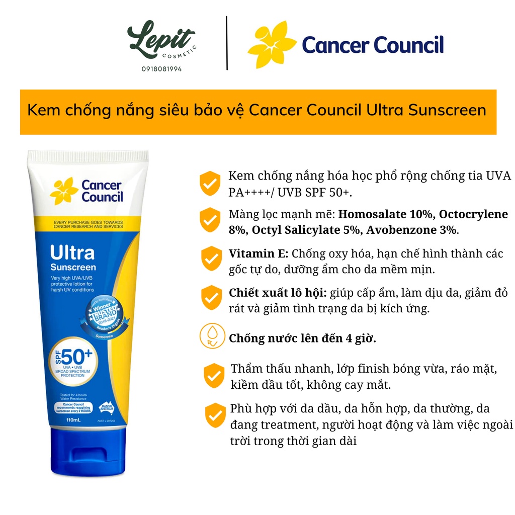 Kem chống nắng Cancer Council phổ rộng Ultra / Active Sunscreen SPF 50+/PA++++ Kcn Cancer Council