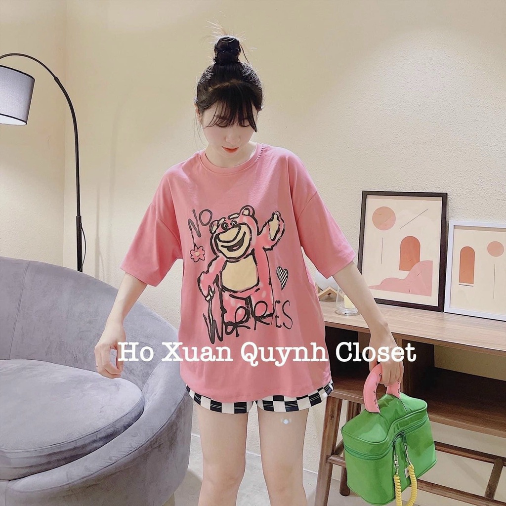 sét bộ đồ đùi áo phông cổ tròn tay ngắn in hình gấu kèm quần đùi caro đen trắng