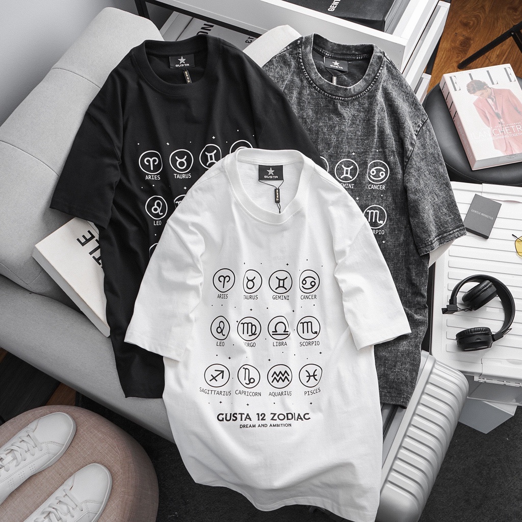 Áo 12 Cung Hoàng Đạo Hàng Hiệu Cao Cấp Unisex Nam Nữ Áo Thun Wash Loang Xám Trơn Tay Lỡ 100% Cotton Form Rộng _ GUSTA
